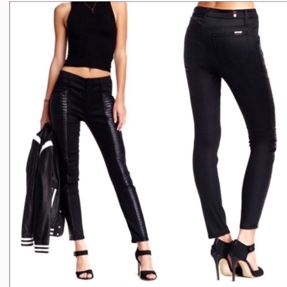 7 FOR ALL MANKIND Lambskin Quilted Leather Panel Denim Black Jeans 26